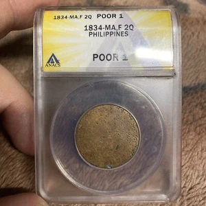 1834 MA F 2 Quarto Spanish Philippines Rare ANACS 2Q Cuarto Genuine Hard Find - Picture 1 of 4