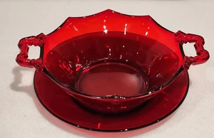 Imperial Glass Royal Ruby Red 8” Hexagon Bowl w/Handles + Round Red Under Plate - Picture 1 of 12