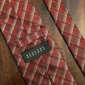 Bergamo New York Men's Stylish Red Multi-Color Geometric Plaid Handmade Necktie - Picture 1 of 3