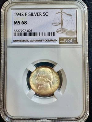 1942 Jefferson 5C Silver NGC MS68 Rainbow Monster Ultra Low Pop 26/1 RARE! $3000 - Image 1 of 2