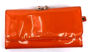 Ted Baker Wallet London Orange Patent Leather Crystal Kiss Lock Frenchie Lining - Picture 1 of 14