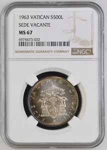 1963 VATICAN SILVER 500 LIRE S500L SEDE VACANTE - NGC MS 67 - Picture 1 of 2