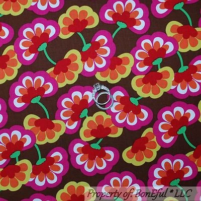 BonEful Fabric FQ Cotton Quilt Brown White Yellow Pink Spring Flower Summer BOHO - Image 1 of 4