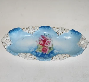 Antique RS Prussia Relish Tray Blue Interior Hand Painted Roses Gold Accents - Picture 1 of 18