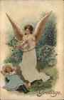 Easter Angel Watching Over Sleeping Child Real Silk c1910 Vintage Postcard