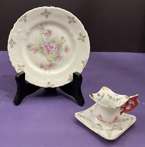 Demitasse Cup & Saucer w/Bread Plate Pink & White Flowers in Basket Japan - Picture 1 of 10