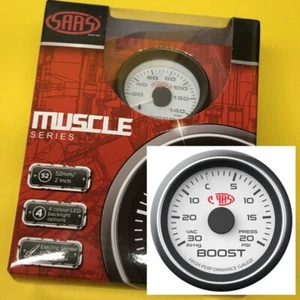 SAAS Muscle SG-TB52W Turbo boost/vac gauge 20 PSi 52mm 2" White 52mm 2" - Picture 1 of 5