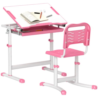 Kinder Höhenverstellbares Schreibtisch & Stuhl Set, Neigbarer Schreibtisch, Ergonomisch, Stiftschlitz, Rosa - Bild 1 von 4