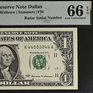 1999 $1 Federal Reserve Note PMG 66EPQ - Birthday - Radar Serial Number 44000044 - Picture 1 of 3