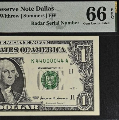 1999 $1 Federal Reserve Note PMG 66EPQ - Birthday - Radar Serial Number 44000044 - Image 1 of 3