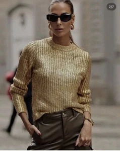 ZARA WOMAN NEW FW23 METALLIC CRACKLED KNIT SWEATER GOLD SIZE XL REF. 6427/118 - Picture 1 of 7