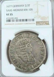 1677 GERMANY SILVER 2/3 THALER SAXE WEIMAR NGC VF 35 VERY SCARCE TOP POP 1 - Picture 1 of 4