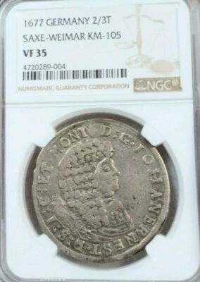1677 GERMANY SILVER 2/3 THALER SAXE WEIMAR NGC VF 35 VERY SCARCE TOP POP 1 - Image 1 of 4