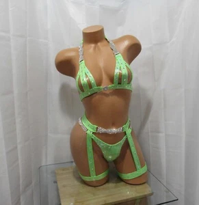 Ropa de baile exótica conjunto de 3 piezas verde neón CHAPS arnés nuevo nunca usado - Imagen 1 de 1