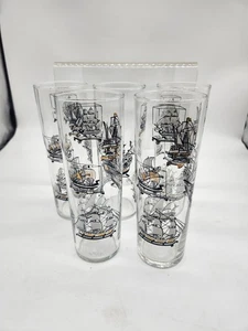 Vtg Mid Century Libbey 5 Sailing Ships Tumblers Beverage Bar Glass Set 7” - Picture 1 of 4