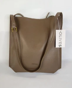 Borsa a tracolla doppia tracolla Think Olives Brand Vegan in pelle marrone nuova con etichetta - Foto 1 di 15