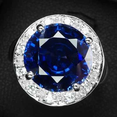 Завораживающие кольца-гало из стерлингового серебра 925 пробы с королевским синим сапфиром 5,60 карата белое золото - Изображение 1 из 4