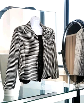 Blazer Dressbarn 10 almohadillas recortadas forradas con cremallera completa pata de gallo negro blanco Foto 1 de 4