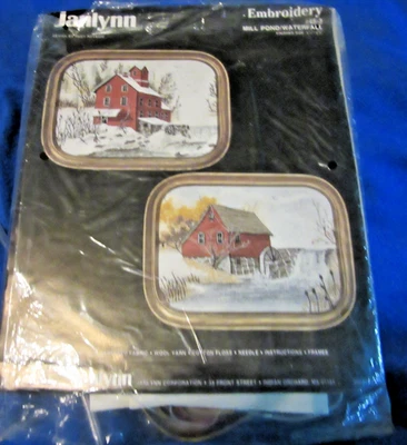 Jaylynn Embroidery Mill Pond Waterfall 2 Crewel Pictures w/ Frames Complete - Image 1 of 2
