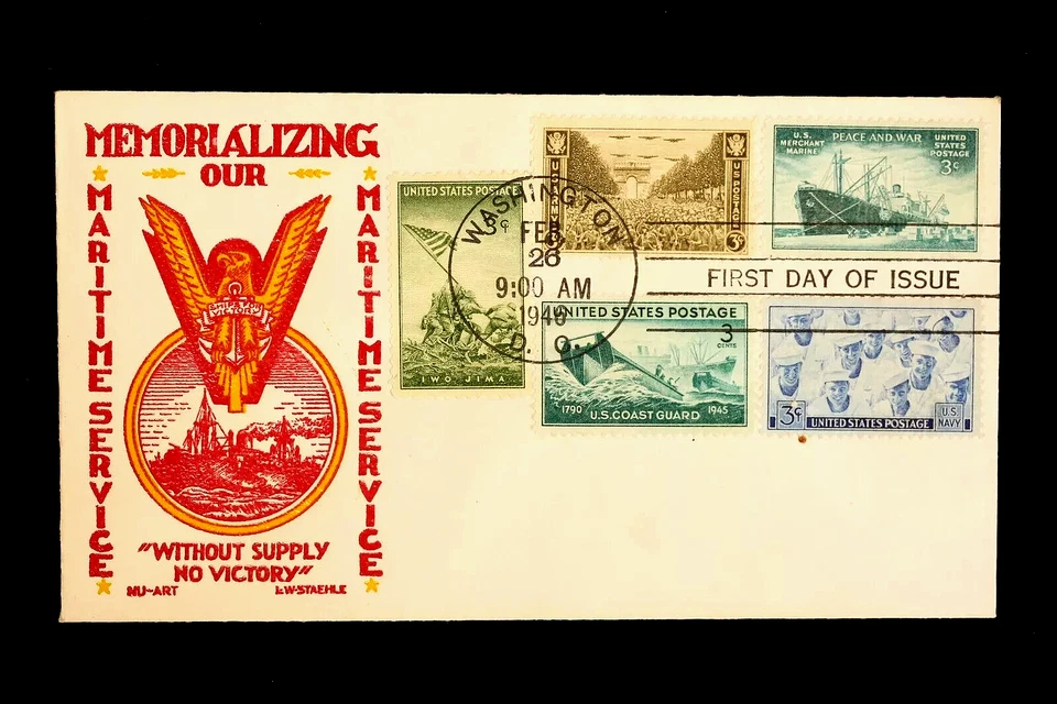 939 3c Stamp (1946) MERCHANT MARINE AND MILITARY FDC FROM L. W. STAEHLE & NU ART - Image 1 of 1