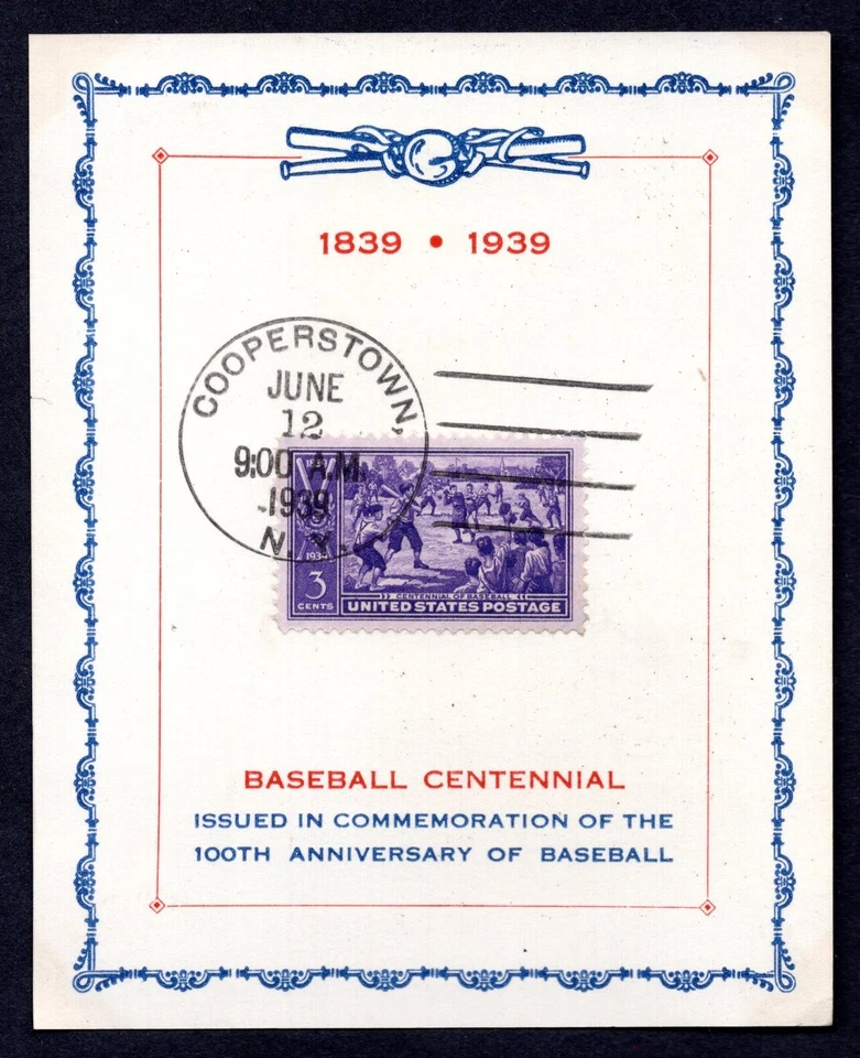 US 1939 COOPERSTOWN N.Y. BASEBALL FDC 100TH ANNIVERSARY ON CELEBRATION CARD - Image 1 of 1
