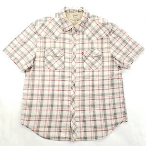 Vintage Levis Shirt Mens XL Off White Plaid Cotton Pockets Western Pearl Snap - Picture 1 of 9