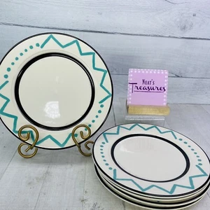 Homer Laughlin China SEVILLE Blue GreenDots Lines White 9" Lunch Plates Set 5 - Picture 1 of 20
