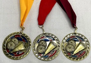 3 PIECE LOT BRONZE ENAMELED CHEERLEADING MEDALS MEGAPHONE POMS W/ LANYARDS EUC! - Picture 1 of 5