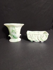 Akro Agate Slag Glass Green White Swirl Lily Vase Planter & vase vintage - Picture 1 of 7