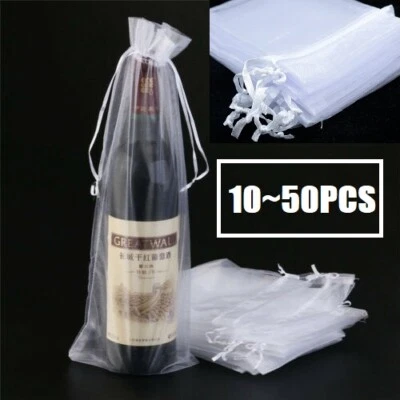White Organza Wine Bottle Gift Bags with Drawstring for Wedding Party Favour - Image 1 of 4