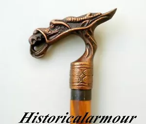 Bastone da passeggio vintage in legno di design testa di drago manico stile antico regalo - Foto 1 di 4