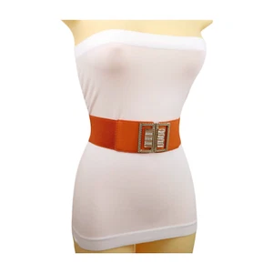 Women Orange Elastic Belt Hip Waist Shiny Gold Metal Bling Square Buckle Fit S M - Picture 1 of 24