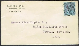 1897 Cover London-NY USA 2 1/2d Blue Hooded Circle BUFFALO Railway Cancel - Picture 1 of 2