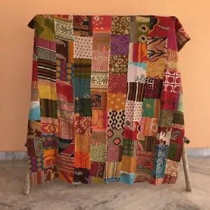Twin Kantha Quilt Bedspread Vintage Patchwork Cotton Multicoloured Gypsy Blanket - Picture 1 of 3