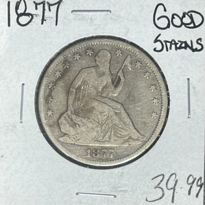 1877 SEATED LIBERTY SILVER HALF DOLLAR ~ GOOD STAINS ~NICE COIN~ - Picture 1 of 2