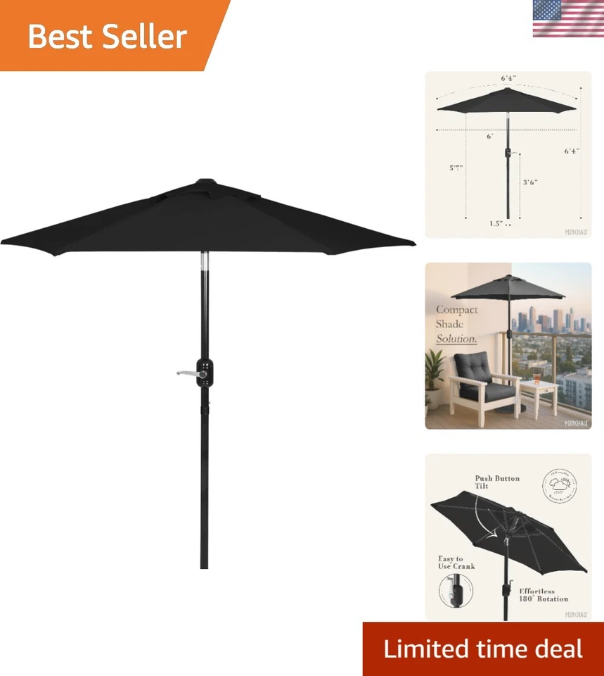 Punchau PUN-6UBLK-C 6ft Outdoor Patio Umbrella w Easy Open Close Crank Black