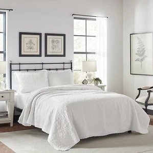 Laura Ashley Heirloom Pure Cotton Bedspread Set KING Bed White Crochet Lace - Picture 1 of 9