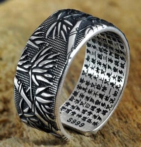 925 Silver Vintage Chinese Bamboo Buddha Heart Sutra Ring Thai Silver Open Rings - Picture 1 of 10