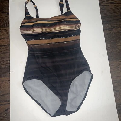 Traje de baño Longitude negro marrón adelgazado de una pieza talla 10 Foto 1 de 4