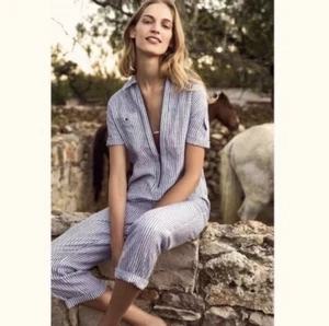 Tuta Cartonnier donna M lino blu e bianca a righe gamba dritta con cintura - Foto 1 di 10