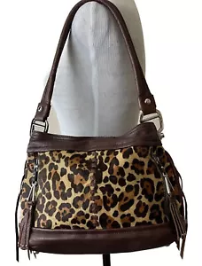 B Makowsky Andre Handbag Leopard Calf Hair Brown Hobo Bag Leather Fringe New - Picture 1 of 12