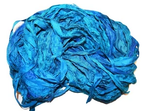 100g Natural Sari Silk Ribbon Clearance Turquoise Tone - Picture 1 of 3