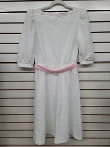Vintage Pea Patch Dress M White Textured With Pink Belt Women's M/L - Picture 1 of 9