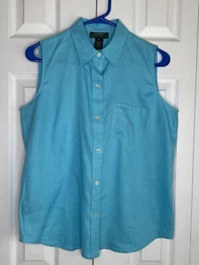 Lauren Ralph Lauren Top Women's 100% Linen Sleeveless Collar Embroidered LRL Med - Picture 1 of 4