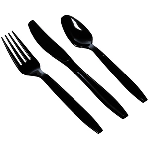 Disposable Plastic Cutlery Set Black 50 Spoons 50 Forks 50 Knives Reusable 150Pc - Picture 1 of 6