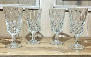 Set 4 Footed Glasses Water Goblets Diamond & Fan Clear Libbey Cambridge Style