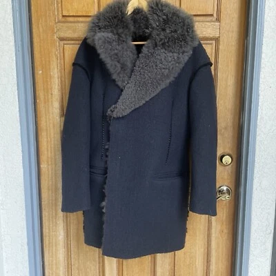 Abrigo Lanvin mezcla lana Perú piel de alpaca piel de becerro cuero metal cadenas TALLA:48 Foto 1 de 4