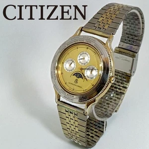 Citizen Triple Calendar Quartz Watch Sun & Moon 3 Hands Rare 38mm - Picture 1 of 10