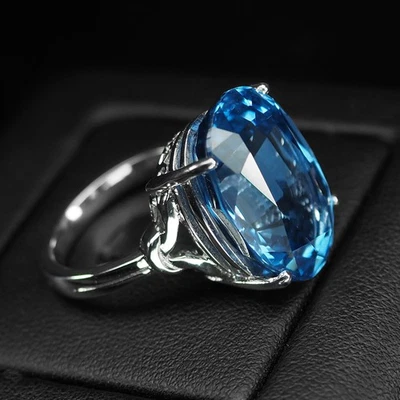 Luminous London Blue Topaz 21.20Ct 925 Sterling Silver Handmade Prong Rings - Image 1 of 4