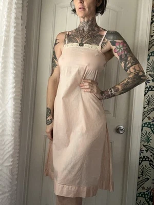 Antique 20/30s Ballet Pink Sheer Soft Cotton Lace Trim Slip Dress Coquette 34 S  - Image 1 of 4